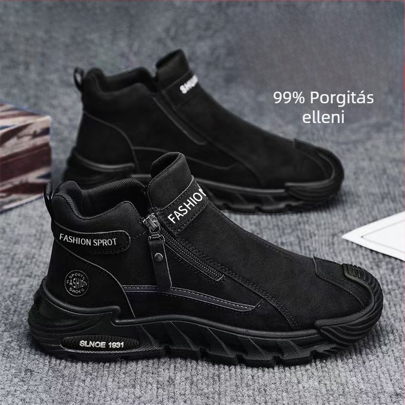 Férfi slip-on cipő, felső műbőr, gumis talp, középmagas szár, alacsony sarok 1-3 cm, lélegző őszre
