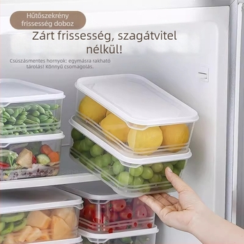 Frissességmegőrző tároló, hűtő- és mikrohullámú sütőben használható, téglalap alakú, élelmiszer-biztonságos műanyag, zárt fedéllel