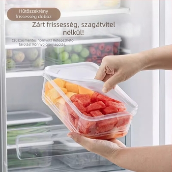 Frissességmegőrző tároló, hűtő- és mikrohullámú sütőben használható, téglalap alakú, élelmiszer-biztonságos műanyag, zárt fedéllel