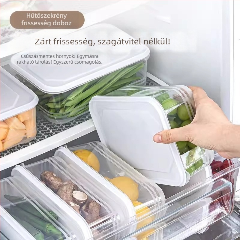 Frissességmegőrző tároló, hűtő- és mikrohullámú sütőben használható, téglalap alakú, élelmiszer-biztonságos műanyag, zárt fedéllel