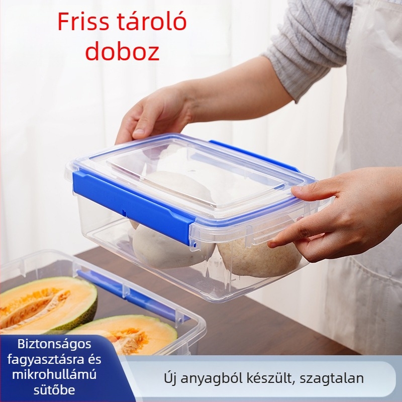 Négyszögletes PP műanyag tárolóedény, átlátszó, légmentesen záródó fedővel, hűtő/fagyasztóba alkalmas