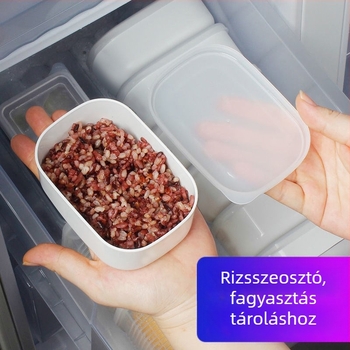 Ovális műanyag ebédes doboz, mikrohullámú sütőben használható, kapacitás 300 ml alatt, újrahasználható, logóval testre szabható