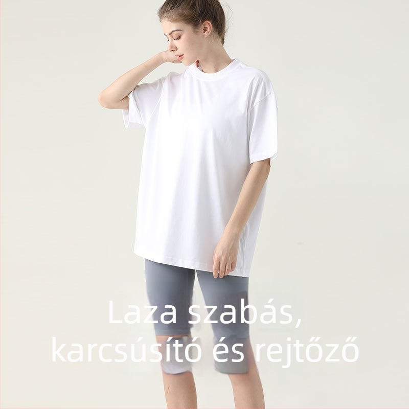 Jóga póló, laza szabású, középhosszú, rövid ujjú, lélegző, 100% pamut