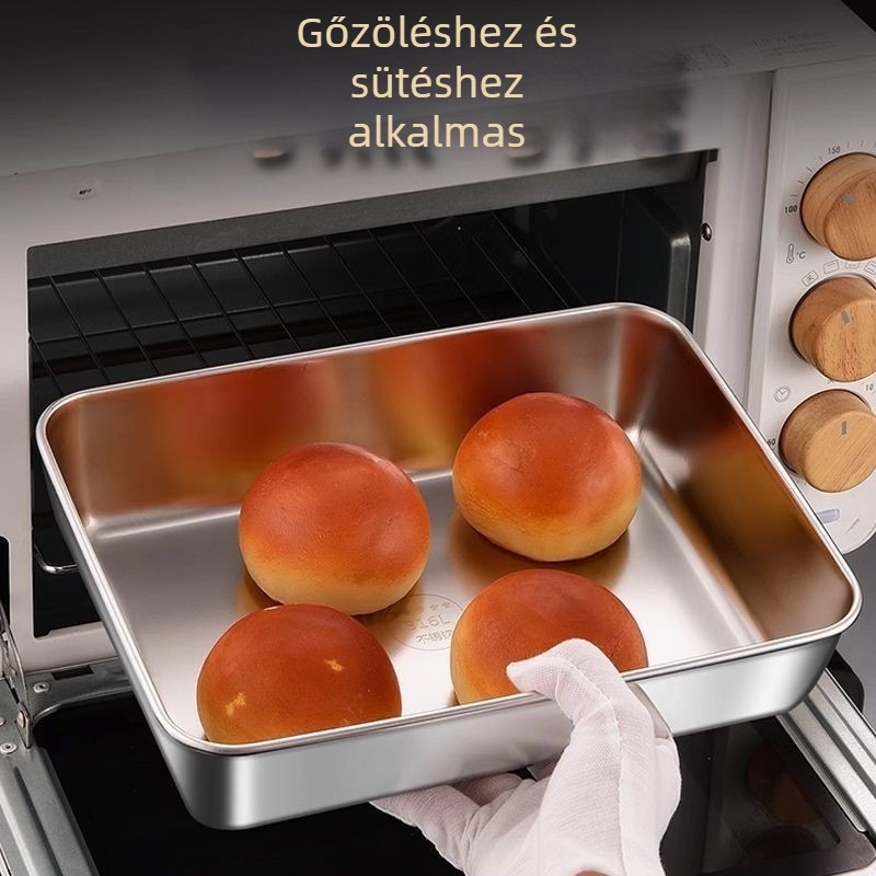 Fedeles rozsdamentes acél tálca, négyszögletes, frissesség megőrzésére és étkezés előkészítésére; kapacitás 800–1000 ml