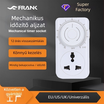 12 órás időzítővel ellátott univerzális aljzat földeléssel, töltésvédelmi funkcióval és kapcsolóval