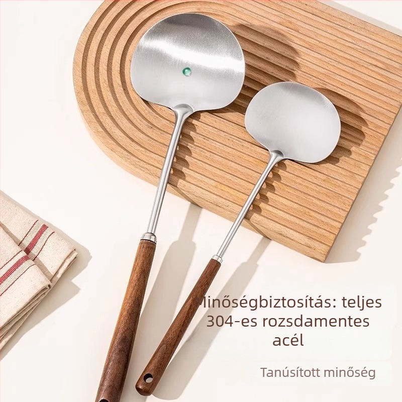 Konyhai spatula 304 rozsdamentes acélból, fa nyéllel, tapadásmentes, hőálló, hosszú nyél