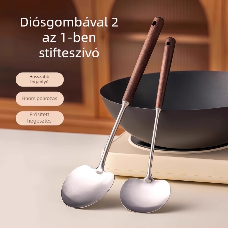 Konyhai spatula 304 rozsdamentes acélból, fa nyéllel, tapadásmentes, hőálló, hosszú nyél
