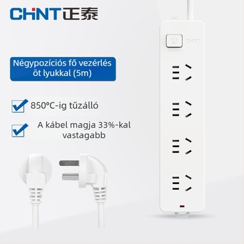 CHNT elosztó 4 aljzattal és 5 lyukkal, 5 m kábel, AC 220-240V, új nemzeti szabvány