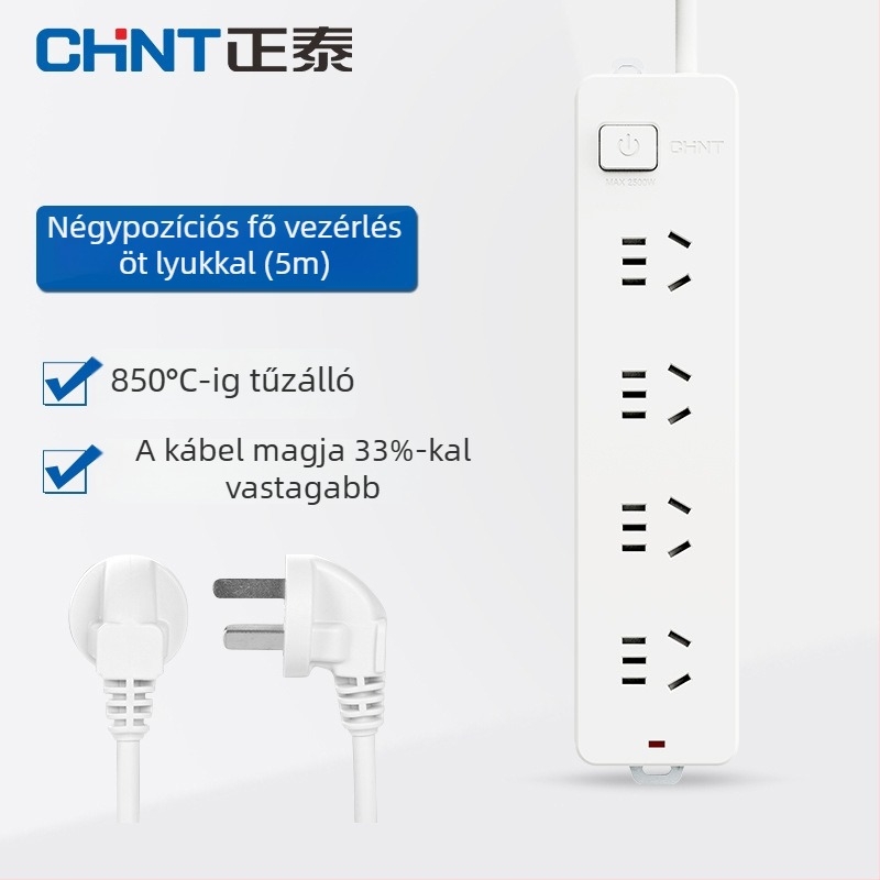 CHNT elosztó 4 aljzattal és 5 lyukkal, 5 m kábel, AC 220-240V, új nemzeti szabvány