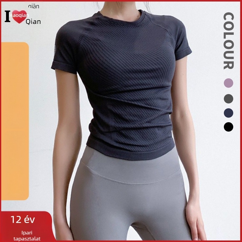 Női rövid ujjú sportos felső, szoros illeszkedés, nylon-spandex anyag, derekhosszú fazon, szuper elasztikus