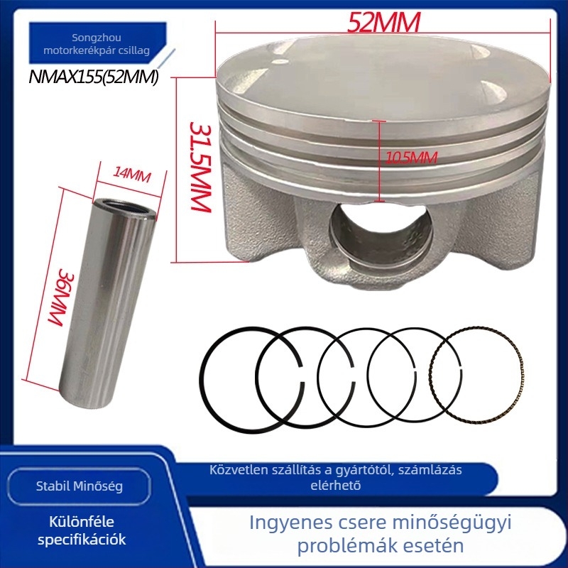 Yamaha NMAX155/NMAX125 pistonkészlet – Ø52 mm, 3 gyűrűs hornyok, kombinált gyűrű, konusos gyűrűprofil, alumíniumötvözet