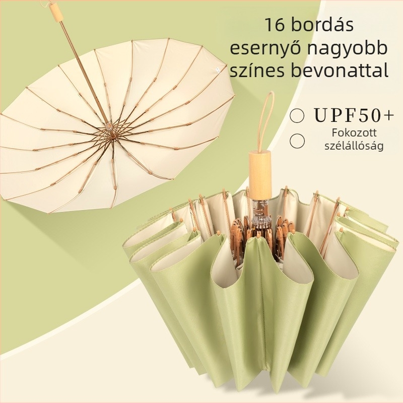 16‑ágú összecsukható esernyő, UPF 50+, poliészter 190T vászon, fa markolat, kézi nyitás/zárás