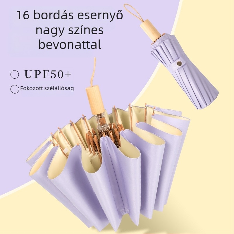 16‑ágú összecsukható esernyő, UPF 50+, poliészter 190T vászon, fa markolat, kézi nyitás/zárás