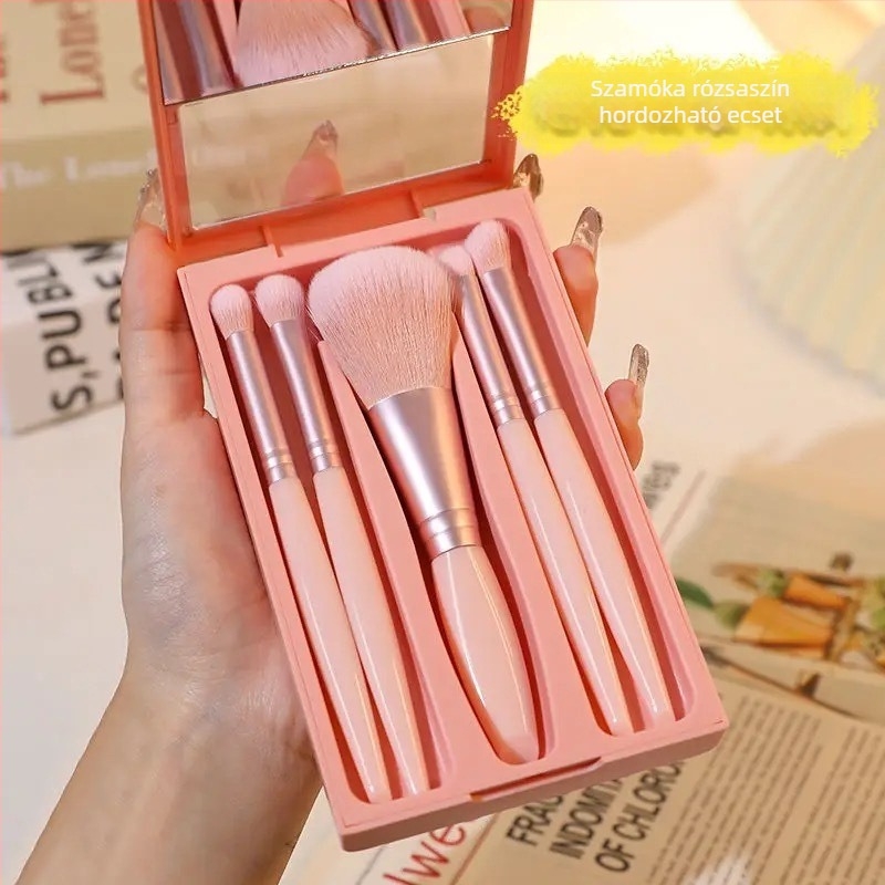 5 darabos sminkecset-készlet, puha szintetikus sörtékkel, műanyag nyél, hordozható doboz