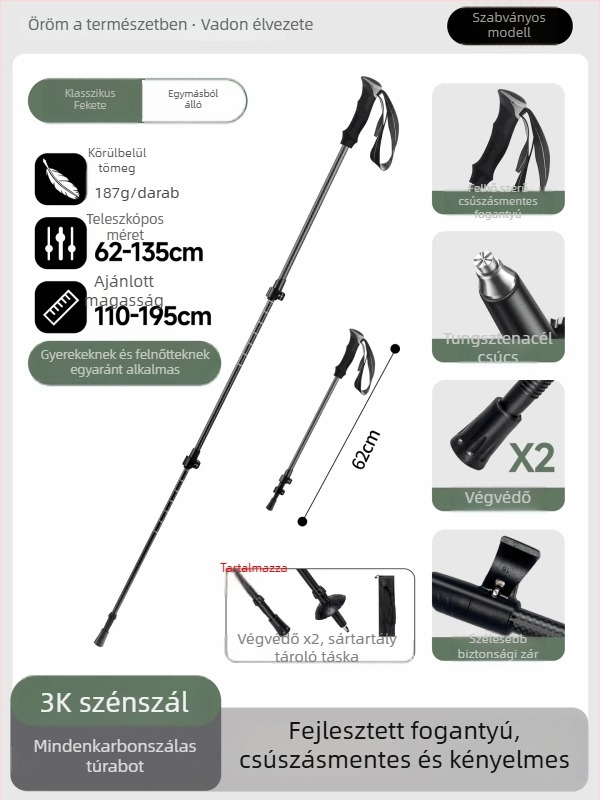 3K szénszálas túrabot, háromszakaszos teleszkópos, ultra-könnyű, EVA fogantyú, 174 g