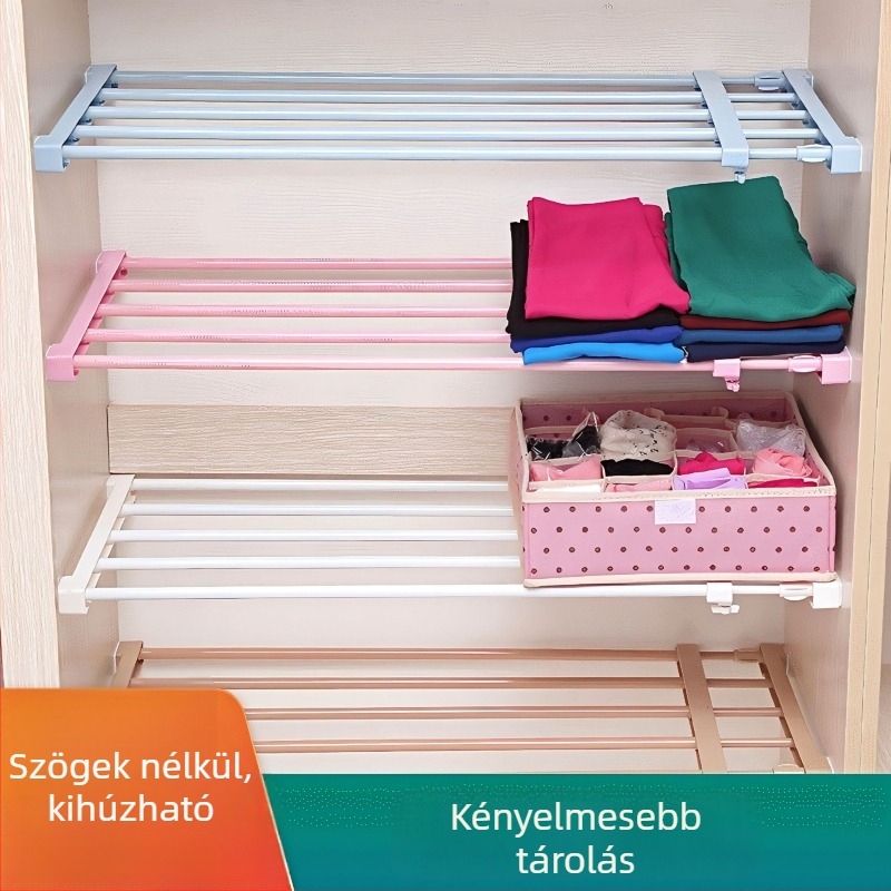 Kibővíthető ruhásszekrény-tároló osztott polcokkal, szög- és ragasztómentes; Anyag: ABS + szénacél; Telepítés: függőlegesen; Stílus: kreatív; 1 réteg