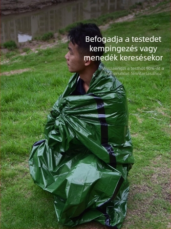 Kültéri kempingezéshez készült sürgősségi hálózsák – PE töltet, PE bélés, PE anyag, borítékszerkezet, tömege 137 g