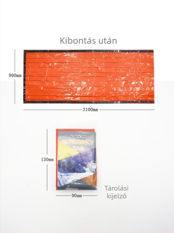 Kültéri kempingezéshez készült sürgősségi hálózsák – PE töltet, PE bélés, PE anyag, borítékszerkezet, tömege 137 g