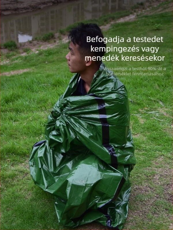 Kültéri kempingezéshez készült sürgősségi hálózsák – PE töltet, PE bélés, PE anyag, borítékszerkezet, tömege 137 g