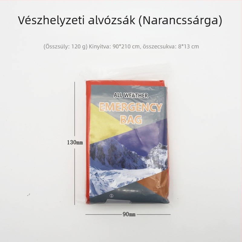 Kültéri kempingezéshez készült sürgősségi hálózsák – PE töltet, PE bélés, PE anyag, borítékszerkezet, tömege 137 g