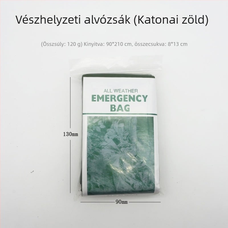 Kültéri kempingezéshez készült sürgősségi hálózsák – PE töltet, PE bélés, PE anyag, borítékszerkezet, tömege 137 g