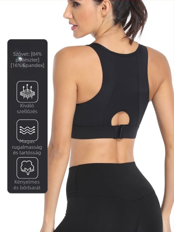 Sportmelltartó moldált 3/4-es kosarakkal, rögzített dupla vállpántokkal, hátul három sor kapoccsal záródó, fő anyag 84% poliészter / 16% spandex