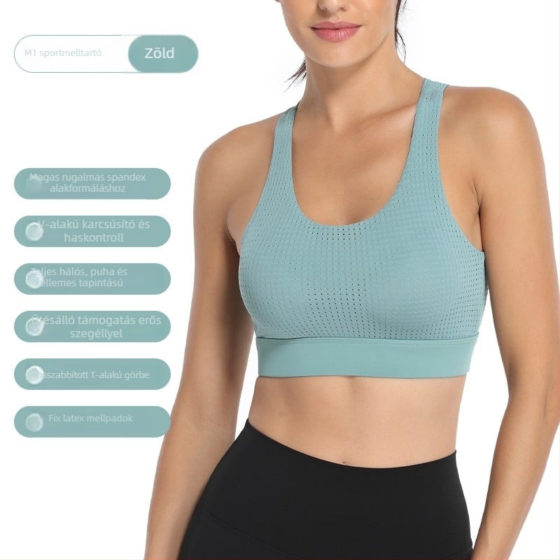 Sportmelltartó moldált 3/4-es kosarakkal, rögzített dupla vállpántokkal, hátul három sor kapoccsal záródó, fő anyag 84% poliészter / 16% spandex