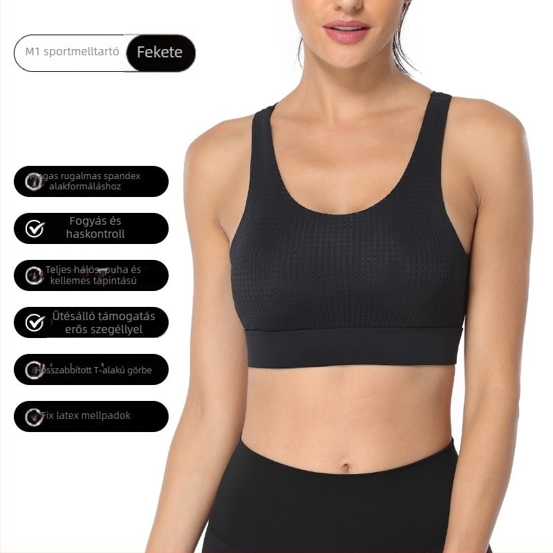 Sportmelltartó moldált 3/4-es kosarakkal, rögzített dupla vállpántokkal, hátul három sor kapoccsal záródó, fő anyag 84% poliészter / 16% spandex