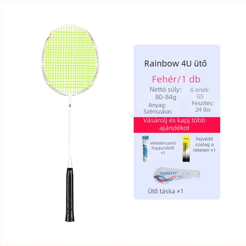 Badmintonütő edzőszett kezdőknek – teljes szénszálas, ultra könnyű, 80–84 g, 4U, markolat G5, direkt ütés