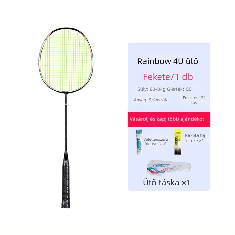 Badmintonütő edzőszett kezdőknek – teljes szénszálas, ultra könnyű, 80–84 g, 4U, markolat G5, direkt ütés