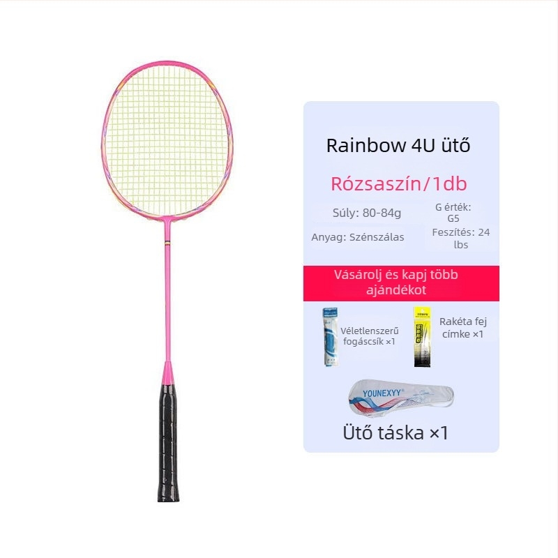 Badmintonütő edzőszett kezdőknek – teljes szénszálas, ultra könnyű, 80–84 g, 4U, markolat G5, direkt ütés
