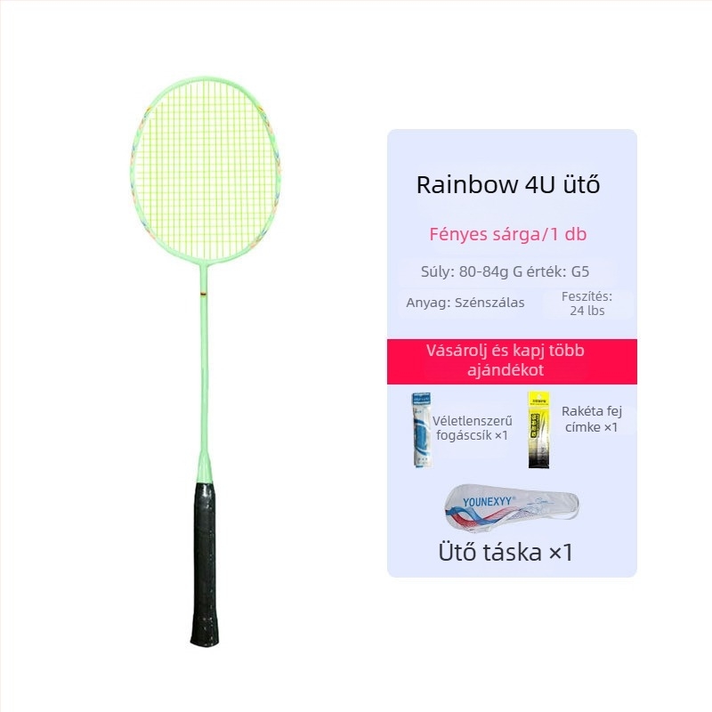 Badmintonütő edzőszett kezdőknek – teljes szénszálas, ultra könnyű, 80–84 g, 4U, markolat G5, direkt ütés