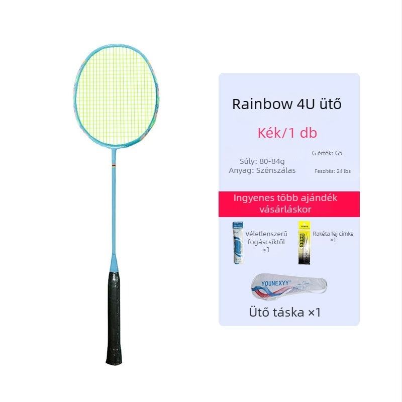 Badmintonütő edzőszett kezdőknek – teljes szénszálas, ultra könnyű, 80–84 g, 4U, markolat G5, direkt ütés
