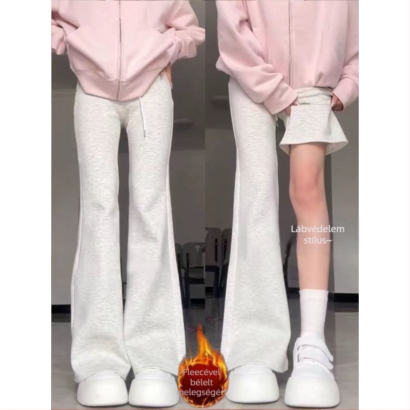Női gyapjúból készült micro-flare casual nadrág, bélelt fleece-sel, hosszú, ősz-télre