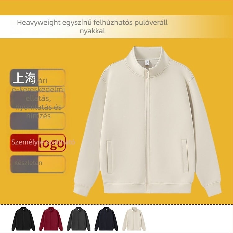 Zipzáros kapucnis pulóver álló gallérral, laza szabás, pamut‑poliészter keverék anyag