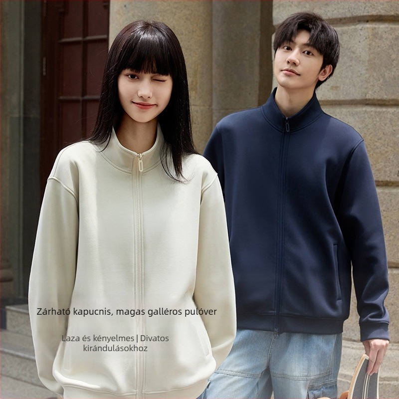 Zipzáros kapucnis pulóver álló gallérral, laza szabás, pamut‑poliészter keverék anyag