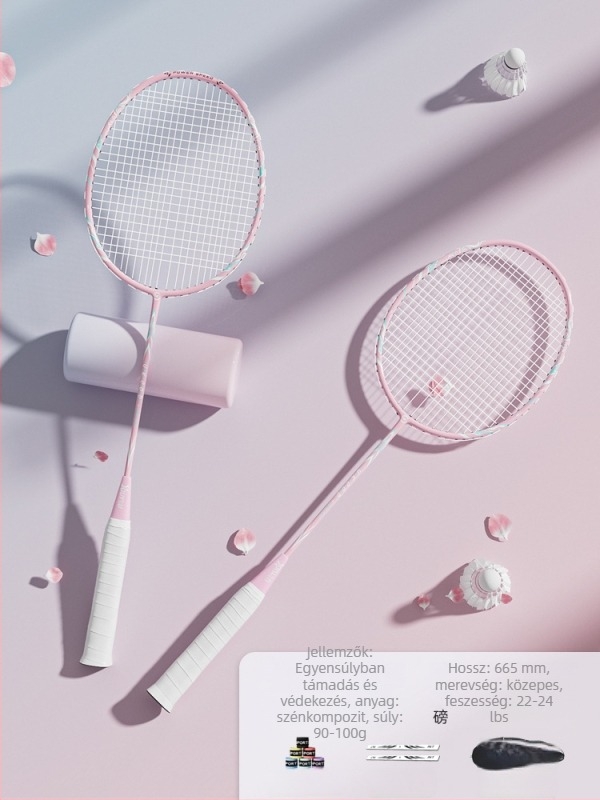 Youyou badminton rakéta karbon szálas kerettel, súly 95-100 g, fogantyú G2, középmagas merevségű nyél, logó nyomtatás elérhető