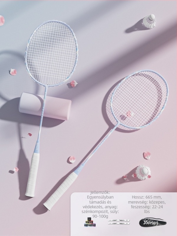 Youyou badminton rakéta karbon szálas kerettel, súly 95-100 g, fogantyú G2, középmagas merevségű nyél, logó nyomtatás elérhető