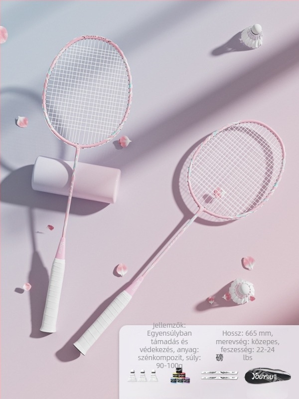 Youyou badminton rakéta karbon szálas kerettel, súly 95-100 g, fogantyú G2, középmagas merevségű nyél, logó nyomtatás elérhető