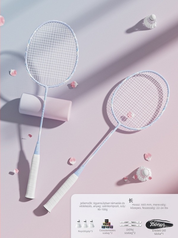Youyou badminton rakéta karbon szálas kerettel, súly 95-100 g, fogantyú G2, középmagas merevségű nyél, logó nyomtatás elérhető
