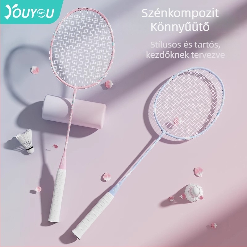 Youyou badminton rakéta karbon szálas kerettel, súly 95-100 g, fogantyú G2, középmagas merevségű nyél, logó nyomtatás elérhető