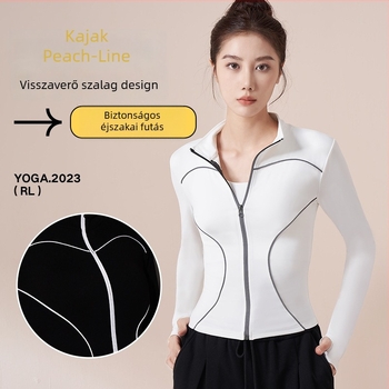 Női fényvisszaverő futó kabát, álló galléros, hosszú ujjú, vonal mintázat, poliészter-spandex keverék