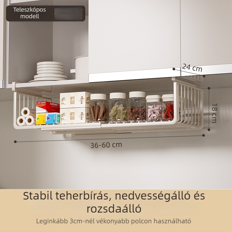 Rozsdamentes acélból készült teleszkópos felakasztható konyhai tároló, összecsukható, kampóval rögzíthető, 1-szintű