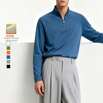 Fleece pulóver fél-zipzárral, magas nyakú, hosszú ujjú – 31–50% pamut, fleece bélés