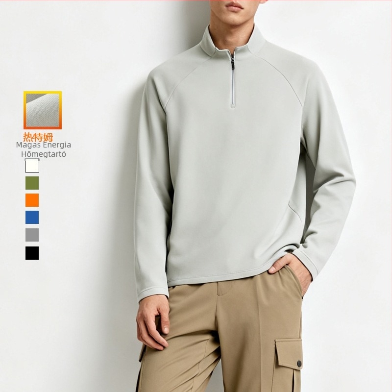 Fleece pulóver fél-zipzárral, magas nyakú, hosszú ujjú – 31–50% pamut, fleece bélés