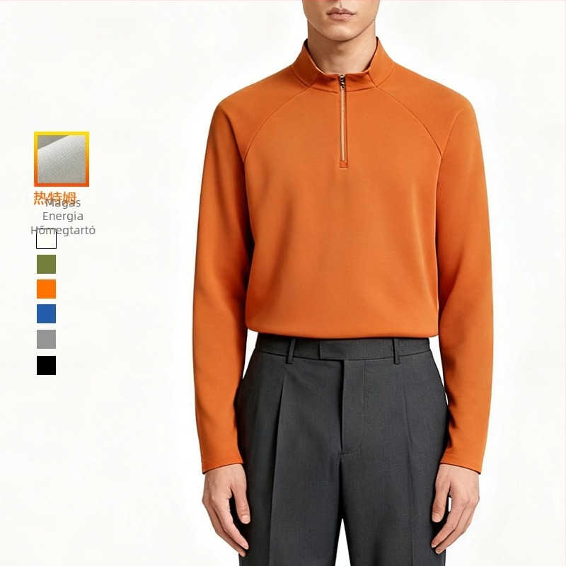 Fleece pulóver fél-zipzárral, magas nyakú, hosszú ujjú – 31–50% pamut, fleece bélés