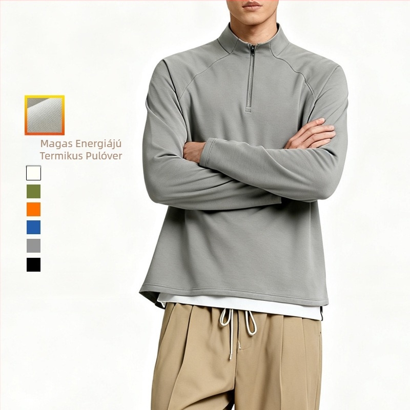 Fleece pulóver fél-zipzárral, magas nyakú, hosszú ujjú – 31–50% pamut, fleece bélés