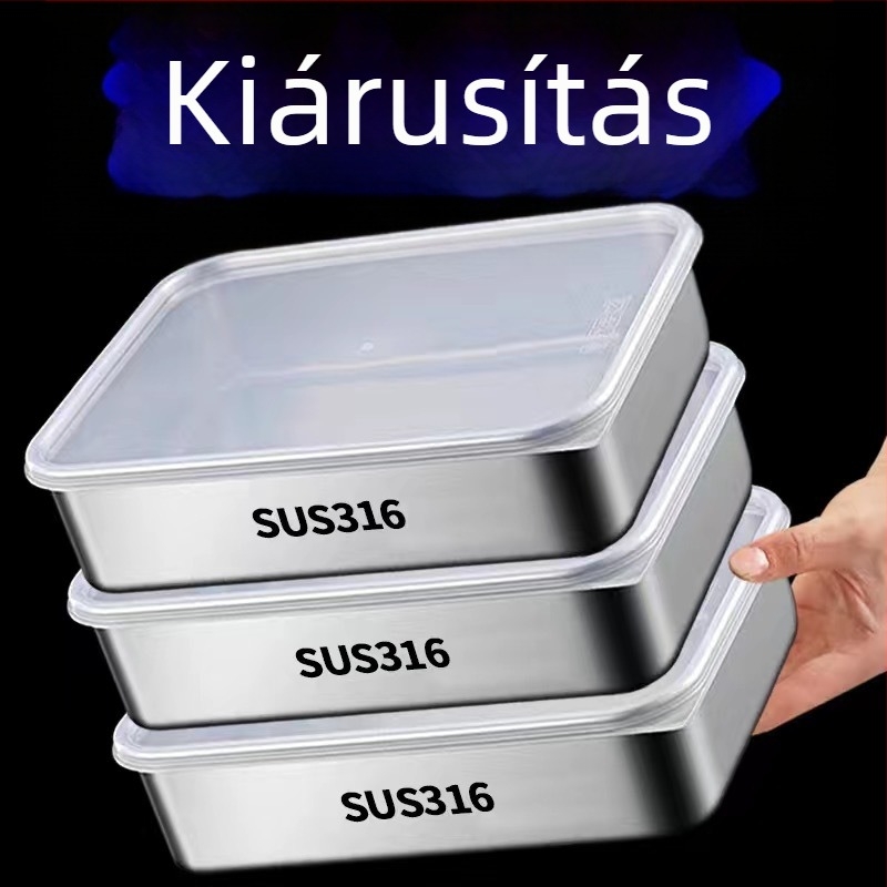 316 rozsdamentes acélból készült étkezési minőségű frissesség-tároló doboz fedővel, téglalap alakú, 1–2 L