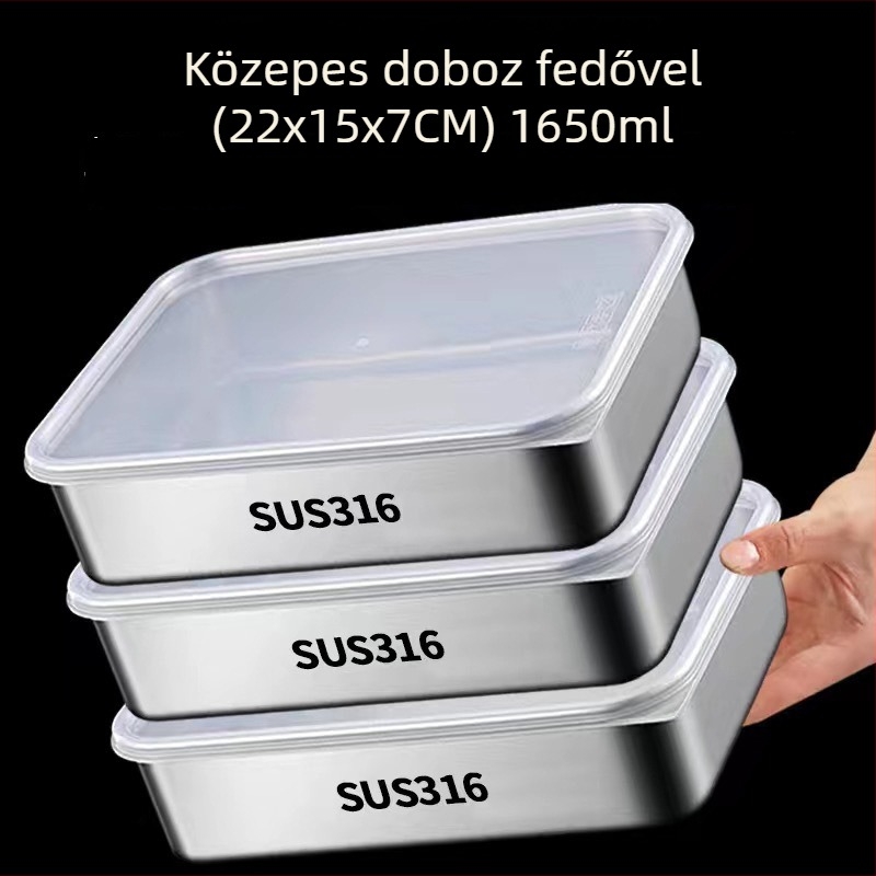 316 rozsdamentes acélból készült étkezési minőségű frissesség-tároló doboz fedővel, téglalap alakú, 1–2 L