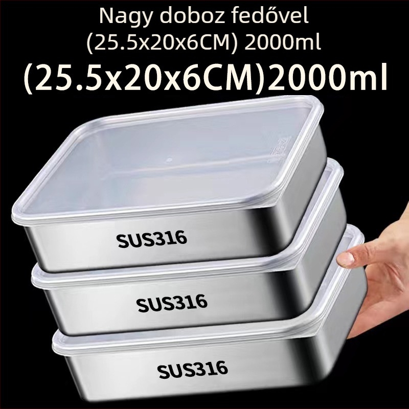 316 rozsdamentes acélból készült étkezési minőségű frissesség-tároló doboz fedővel, téglalap alakú, 1–2 L